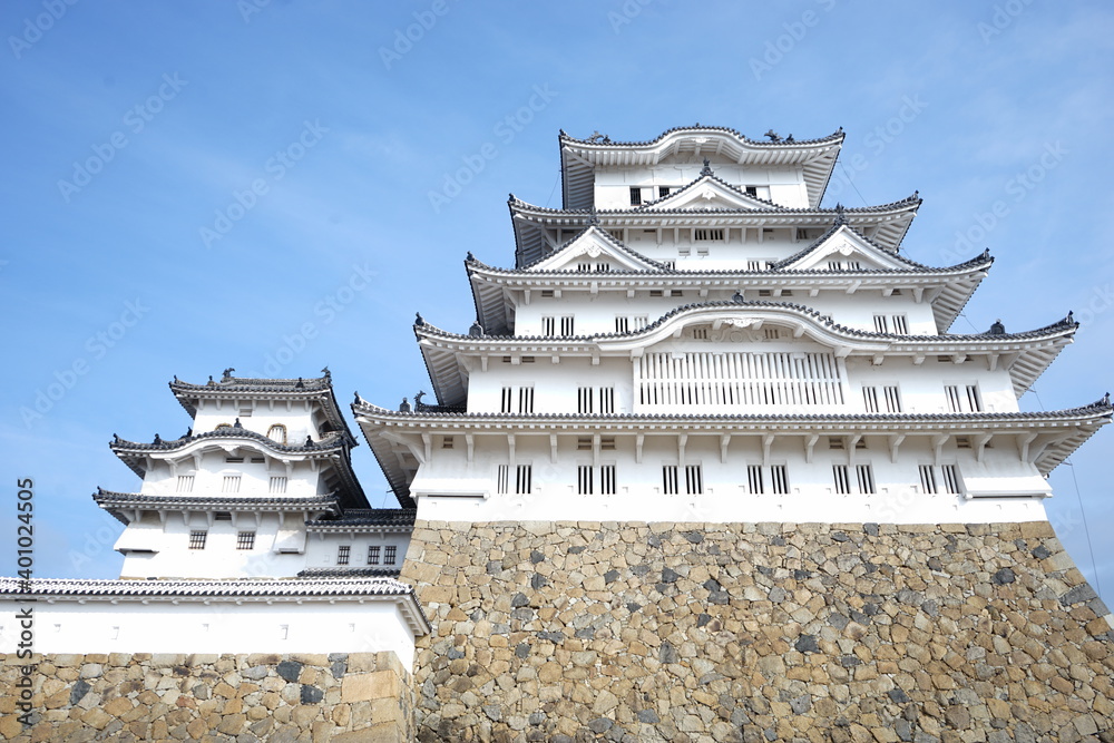 Himeji Castle (Himejijo) from low angle, Hyogo prefecture, Japan - 姫路城 兵庫県 姫路市 日本 Himeji Castle (Himejijo) from low angle, Hyogo prefecture, Japan - 姫路城 兵庫県 姫路市 日本