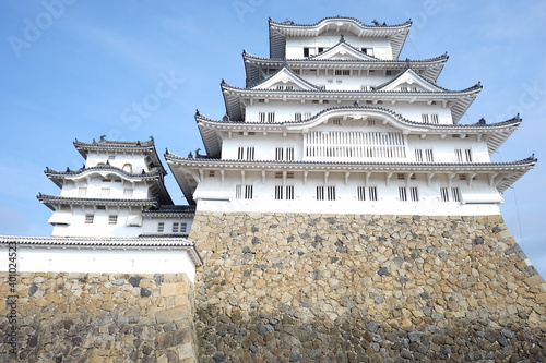 Himeji Castle (Himejijo) from low angle, Hyogo prefecture, Japan - 姫路城 兵庫県 姫路市 日本 