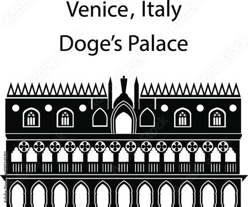 Venice, Italy. Doge's Palace Venice landmarks in black color. Venice city illustration. Vector isolated illustration of Doge’s Palace.