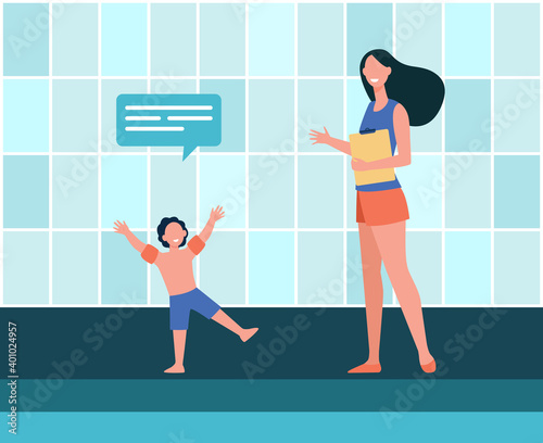 Boy talking to female trainer at swimming pool. Training, child, kid flat vector illustration. Sport, hobby, activity concept for banner, website design or landing web page