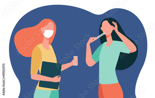 Woman in mask meeting with sick female friend. Thermometer, pills, flu symptoms flat vector illustration. Infection, treatment, healthcare concept for banner, website design or landing web page