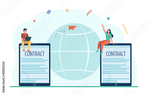 Business partners signing contract online. World, globe, digital devices flat vector illustration. Worldwide business, communication concept for banner, website design or landing web page