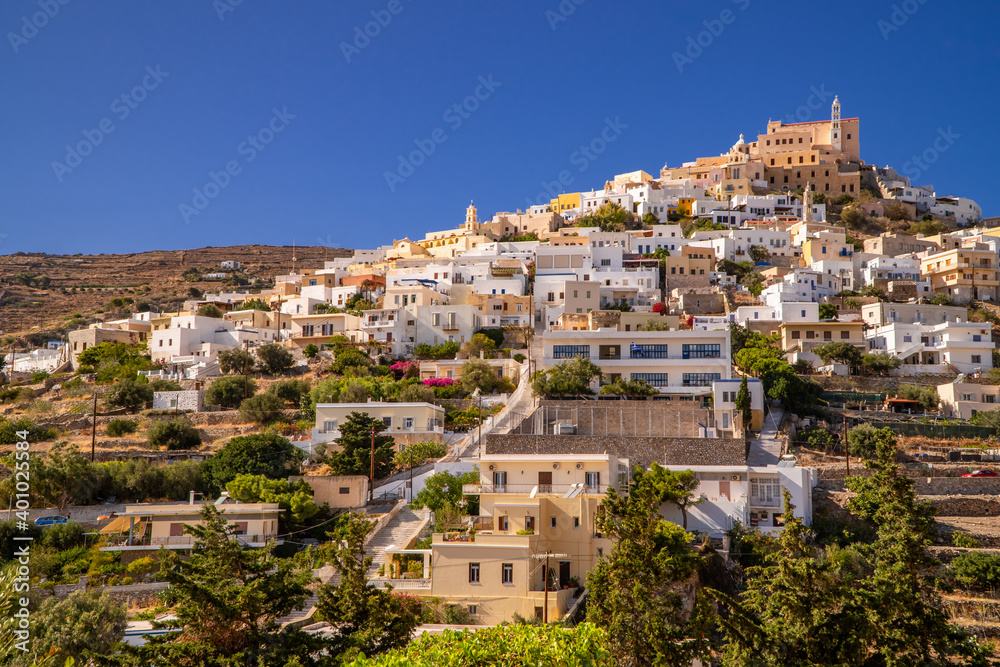 Panoramic view of the town of Ano Syros - the old town of Ermoupoli, Syros - Cyclades, Greece