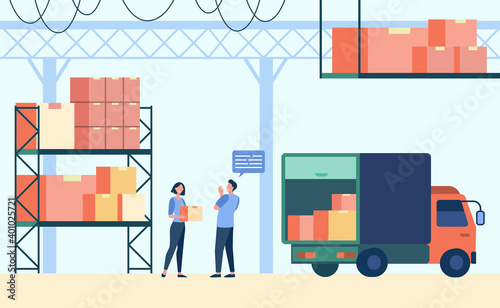 Logistics worker and courier loading truck. Box, parcel, warehouse flat vector illustration. Delivery, shipping, transportation concept for banner, website design or landing web page