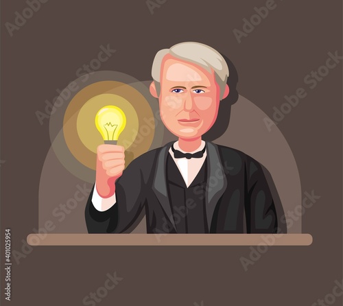 man holding light bulb symbol figure of inventor electric power generator concept in cartoon illustration vector
