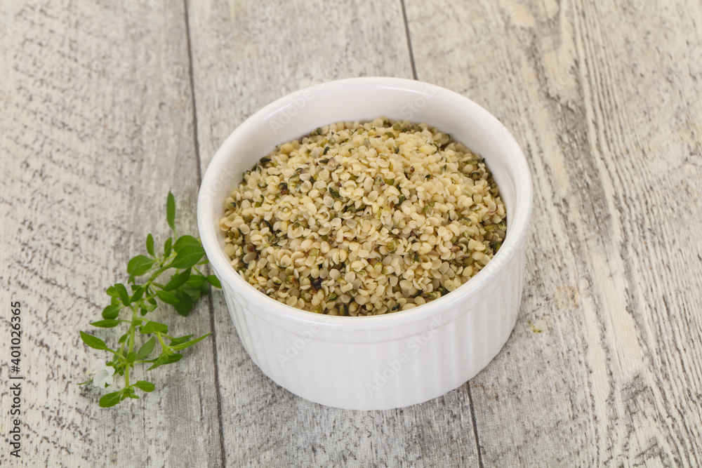 Peeled hemp seeds in the bowl