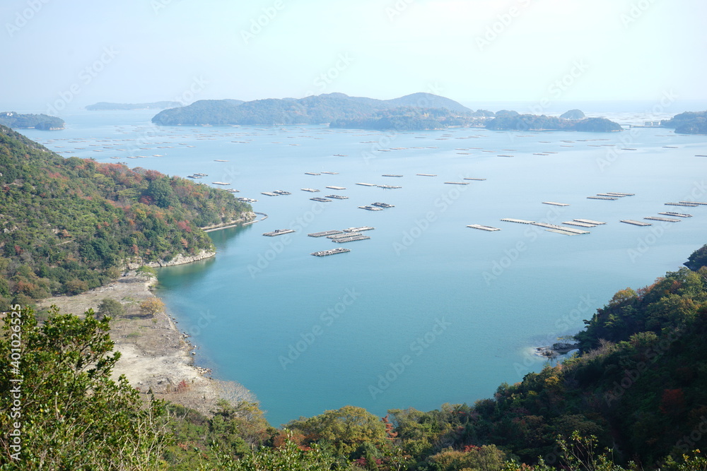 Aerial view of Seto inland sea with oyster farm in Japan - 日本 岡山県瀬戸内 虫明迫門の曙 (迫門の曙) 牡蠣筏	