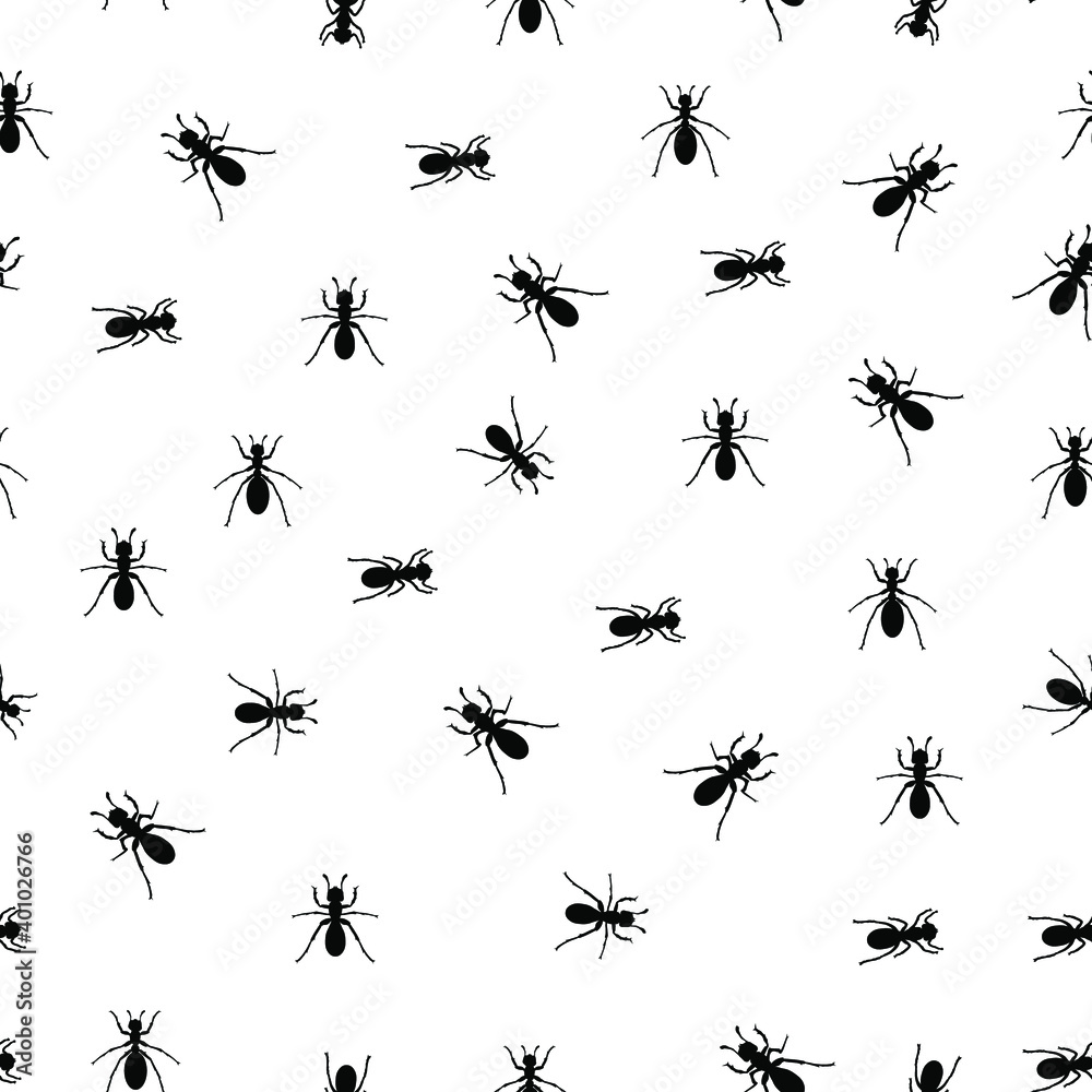 Seamless pattern. Creative design with black ants on a white background. Vector illustration. Insect in black and white concept. Textile pattern, print pattern. Black ants, insect pattern.