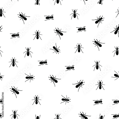 Seamless pattern. Creative design with black ants on a white background. Vector illustration. Insect in black and white concept. Textile pattern, print pattern. Black ants, insect pattern. © Karine