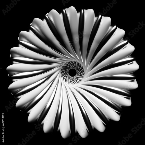 3d render of abstract art with surreal 3d machinery industrial surreal turbine engine  flower or wheel in spherical spiral twisted shape with fractal structure in white ceramic with dark metal parts