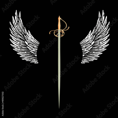 Vector illustration of a vertical sword with wings on black background. Vintage design for t-shirts or posters.	
