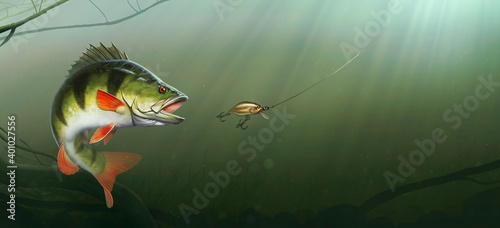 Large lake perch at the bottom of the lake realistic illustration. Big perch fishing in the usa on a river or lake at the weekend. Predator attack on the bait wobbler.