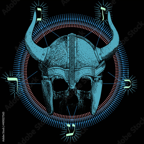 T-shirt vector design of a viking skull with horns over an inverted star and runic characters isolated on black. Poster	