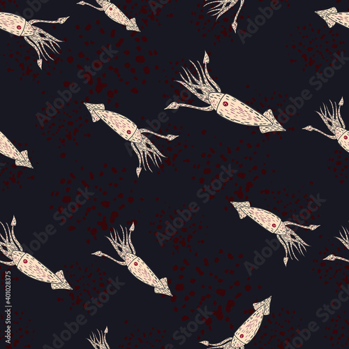 Seamless random pattern with hand drawn ligth squid shapes. Brown dark background.