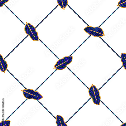 Seamless pattern with leaves, gold and beads. Textile pattern, print pattern.3D vector illustration for fabric design, beadworks, print for textile, scarf, underwear, packaging, scrapbooking, etc. photo