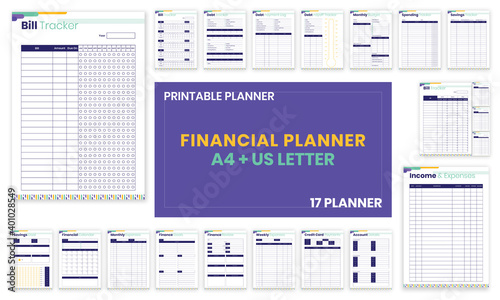 Minimalist Financial planner Bill,Debt,Payoff,Log,monthly,weekly,budget,Saving,Income,Expenses,Account,Credit Card,Goal,Calendar,pages templates collection set of vector A4 and US Letter Ai, EPS 10