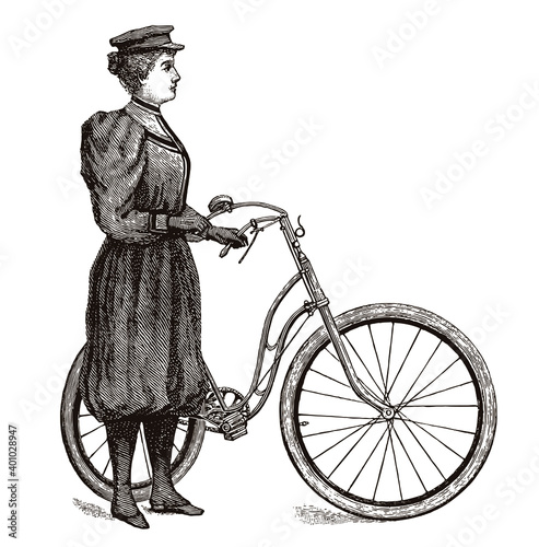 Woman from the 19th century standing beside her bicycle, wearing vintage sportswear