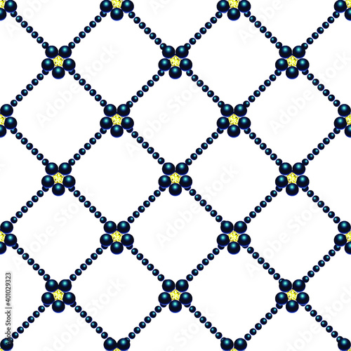 Seamless pattern with crystal flowers, beads and rhinestones.  3D vector illustration for fabric design, print for textile, scarf, underwear, packaging , scrapbooking, etc.