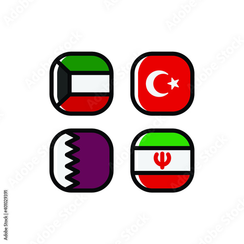 National Flag Square Icon Set with Qatar, Iran, Turkey And Kuwait