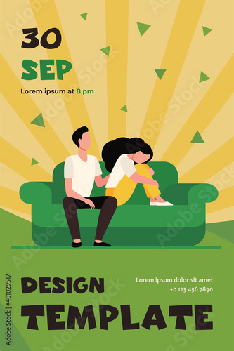 Boyfriend holding shoulder and consoling sad woman. Sofa, family, support flat vector illustration. Depression and melancholy concept for banner, website design or landing web page