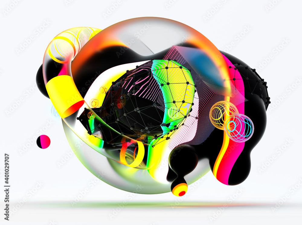3d render of abstract art with surreal flying meta balls spheres ...