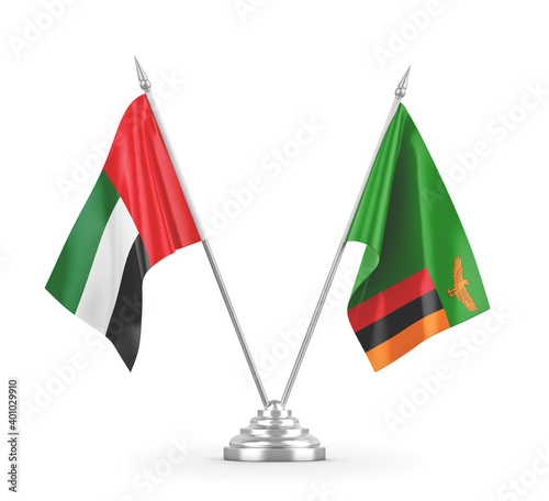 Zambia and United Arab Emirates table flags isolated on white 3D rendering