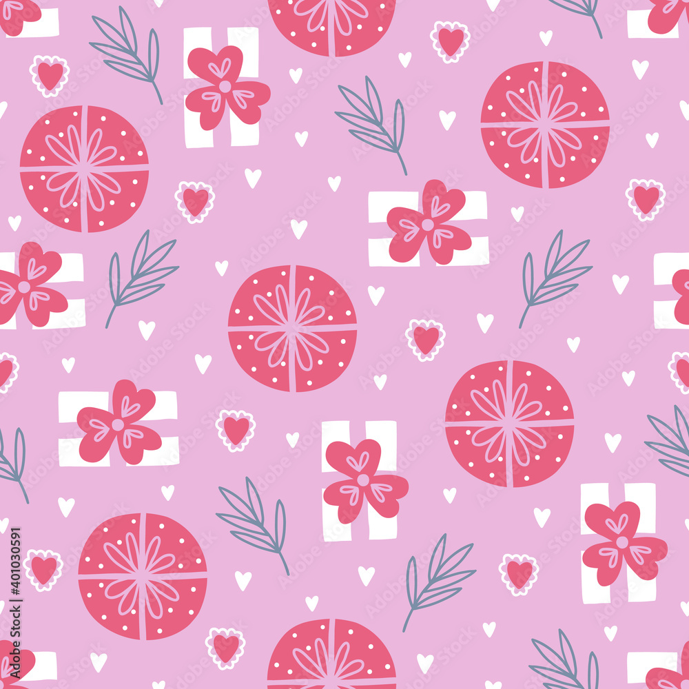 Valentine seamless pattern with gift box, hearts, leaves, bow Valentine seamless pattern with gift box, hearts, leaves, bow