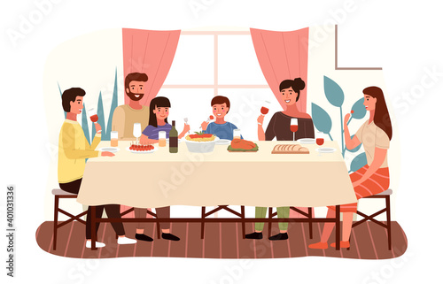 Dining table with pasta and snack. Arrangement of furniture. People eating italian food at home. Parents drink wine. Family sitting at festive table and having dinner. People celebrate the holiday