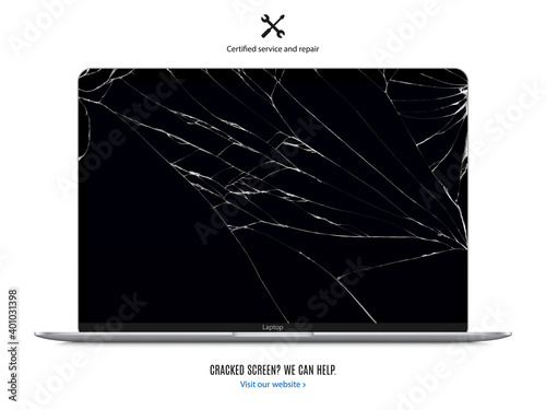 laptop with cracked screen for advertising repair service isolated on white background. mockup of realistic and detailed broken notebook with shadow. stock vector illustration