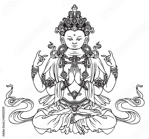Hand-drawn Buddha Shakyamuni, four-armed Buddhist or Hindu god. Vector illustration of sitting Gautama Buddha meditating in the lotus pose. Awakened and Enlightened. Black drawing on light a backdrop