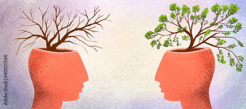 illustration of two profiles of people with trees growing from their heads. Clueless and smart, knowledgeable and stupid, good and evil, positive and negative.