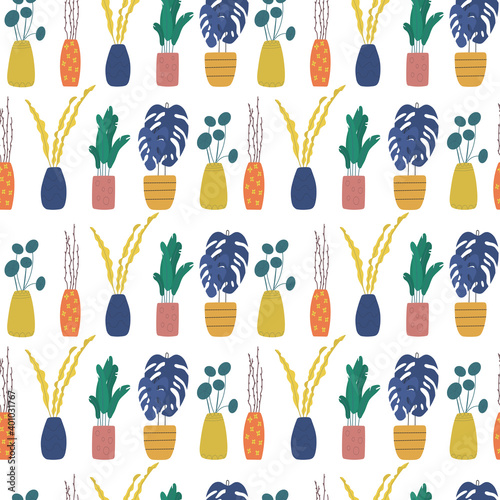 Seamless pattern with home plants. Bright vector illustration. Excellent for packaging in flower shops. Perfect for scrapbooking, wrapping, patchwork, cover design. 