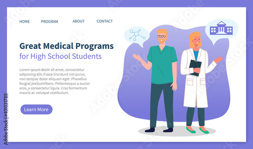Great medical programs for high school students landing page webpage template with doctors man and woman offering classes. Educational science lesson online at school of medicine for motivated learner