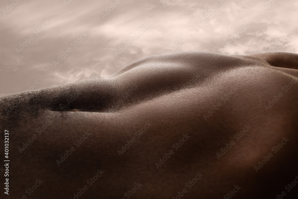 Fototapeta premium Meadow. Detailed texture of human skin. Close up of young african-american male body surface like landscape with the sky on background. Skincare, bodycare, healthcare, inspiration, fantasy artwork.