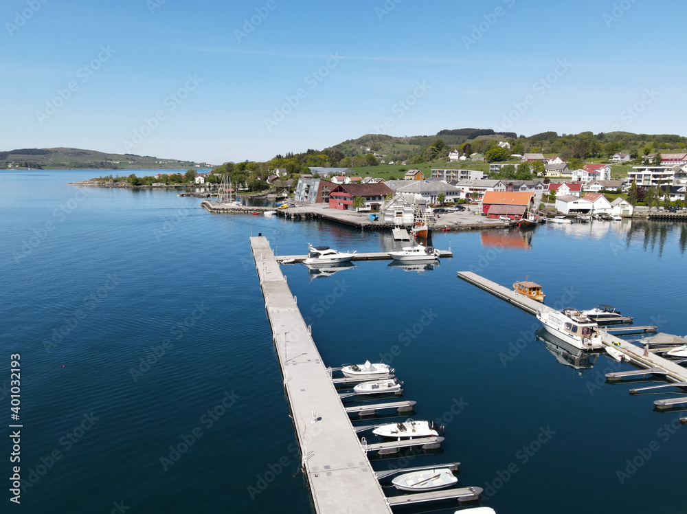 Aerial view Rennesoy harbour, Rennesoy, Rogaland, Norway