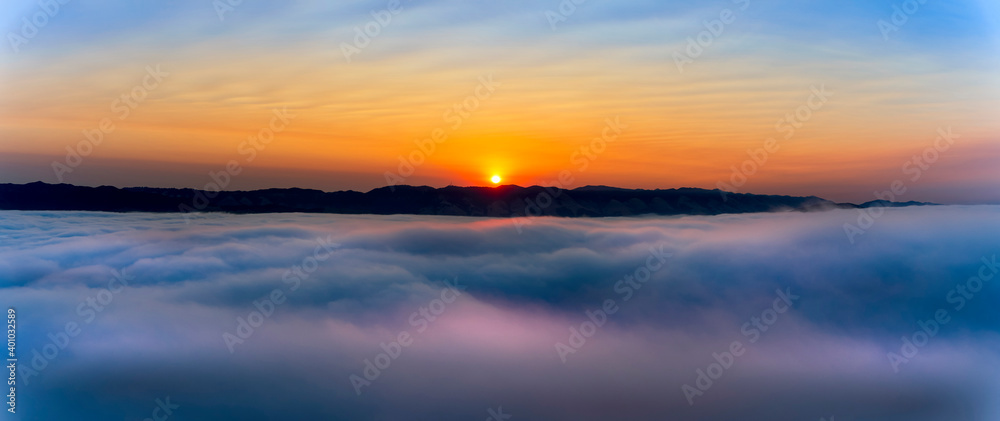 Sunrise, Sunset over Mountains, Layer of Fog, Clouds