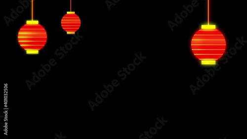Looping sky lantern Moving with transition fade in Curtain. paper Chinese light lamp with a grand opening red curtain.