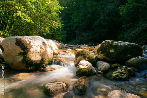 Mountain river. Stones in a running stream