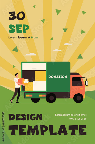 Man carrying box with clothes to donation truck. Courier, volunteer, vehicle flat vector illustration. Volunteering, charity, aid concept for banner, website design or landing web page
