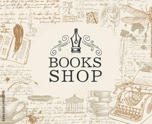 Banner for books shop in retro style. Vector illustration with hand-drawn typewriter  angel  books  cup and handwritten notes with blots. Suitable for poster  flyer  label  bookmark  business card