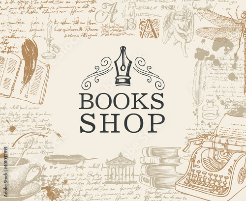 Banner for books shop in retro style. Vector illustration with hand-drawn typewriter, angel, books, cup and handwritten notes with blots. Suitable for poster, flyer, label, bookmark, business card