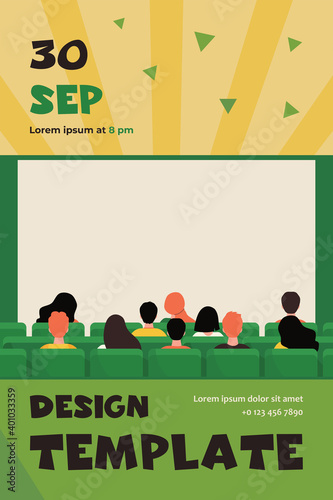Back view of people in movie theater flat vector illustration. Cartoon crowd sitting in rows and waiting for premiere in cinema. Entertainment and performance concept