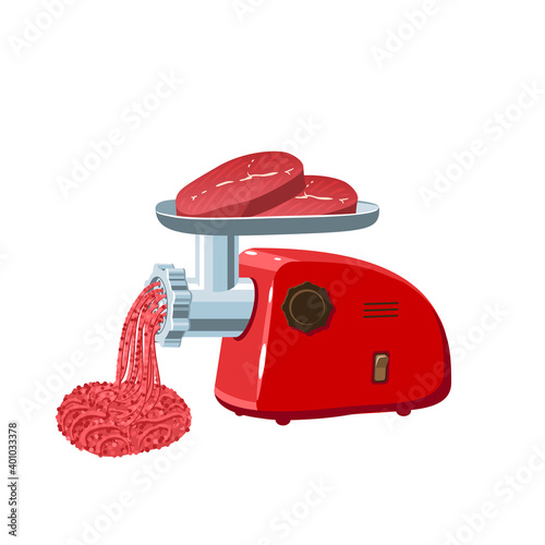 Preparation forcemeat in electric meat grinder. Vector illustration flat cartoon icon isolated on white background.