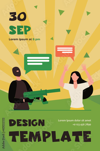 Criminal in mask aiming gun at scared victim. Woman raising arms and talking to offender flat vector illustration. Robbery, hostage taking concept for banner, website design or landing web page