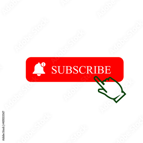 Subscribe button. Click subscribe on chanel. Red button with subscribe inscription and bell. Social media subscription.