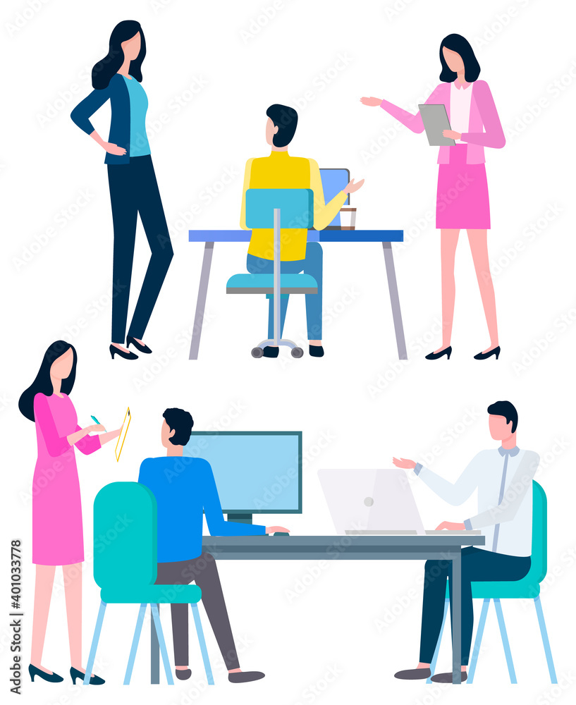 Office workers sitting at table with computer and discussing business plan. Vector isolated managers planning future work, man and woman brokers consultants