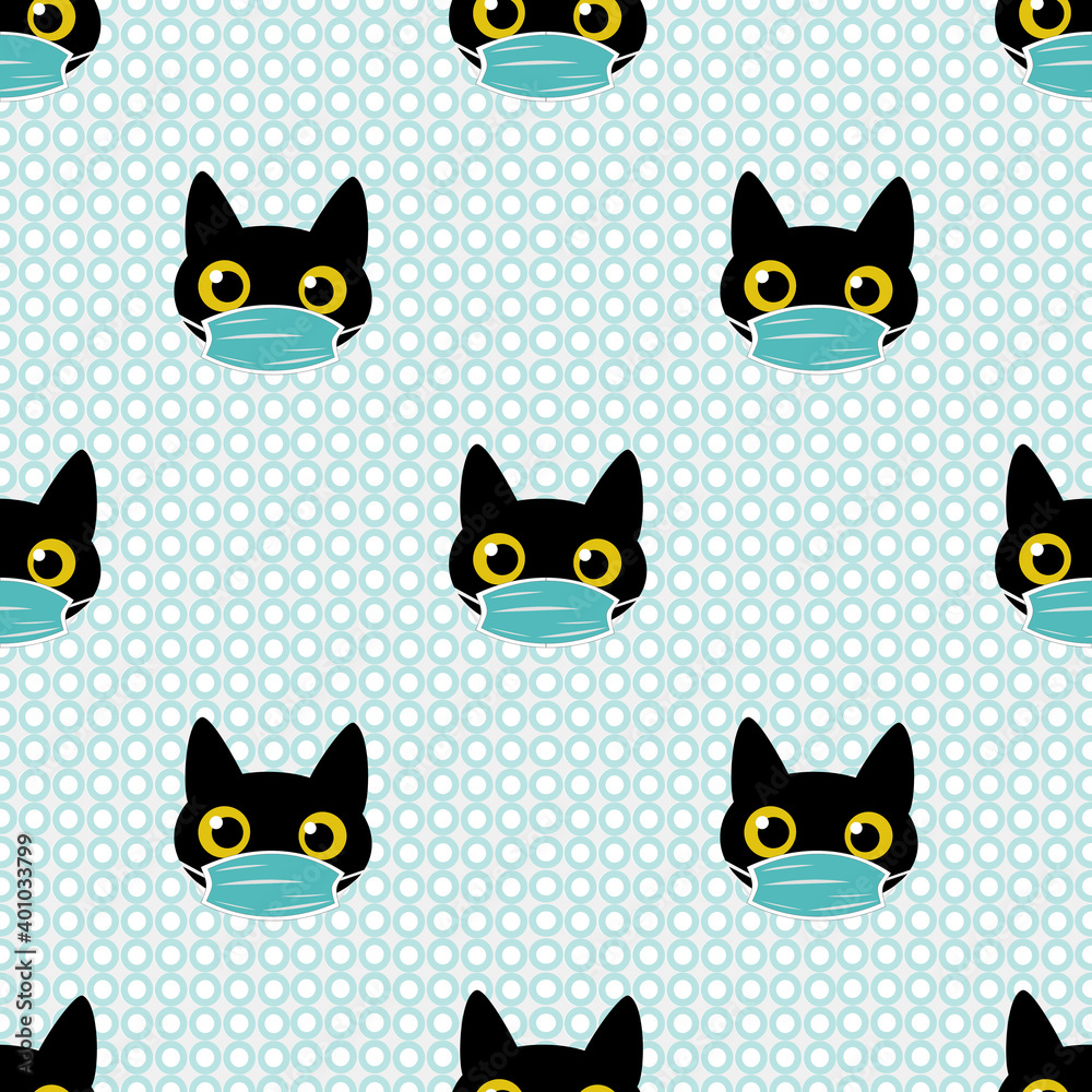 Black cat in blue medical mask. Seamless pattern with trendy print for textiles, bed linen, clothing, wrapping paper. Black cat in blue medical mask. Seamless pattern with trendy print for textiles, bed linen, clothing, wrapping paper.