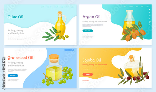 Set of pictures with text of organic liquids on website. Glass bottles with olive and argan, jojoba and grapeseed oils. Webpage with information about products for hair care. Vector illustration