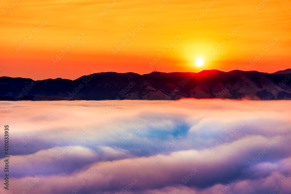 Sunrise over Mountains, View of Clouds, Above