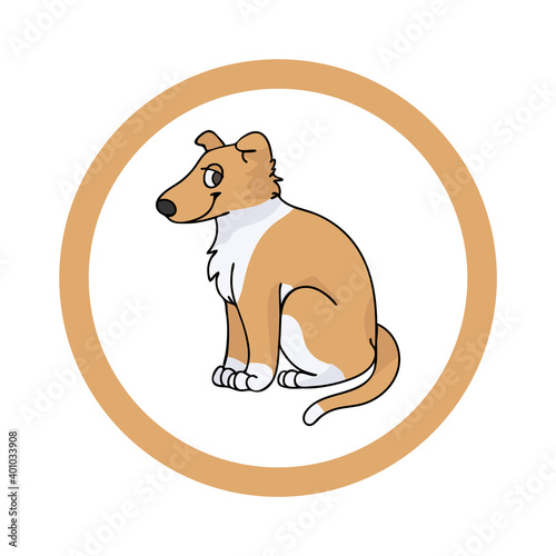 Cute cartoon Smooth Collie in dotty circle puppy vector clipart. Pedigree kennel doggie breed for kennel club. Purebred domestic dog training for pet parlor. Illustration mascot. Isolated canine. 